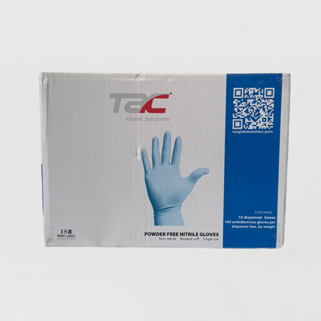 Guantes de nitrilo marca TAC, color azul, caja con 1,000 guantes